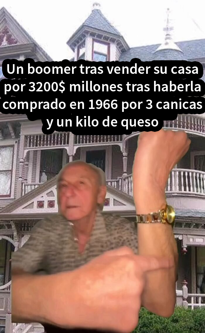 Hombre con gesto triunfante frente a una casa, representa un meme divertido.