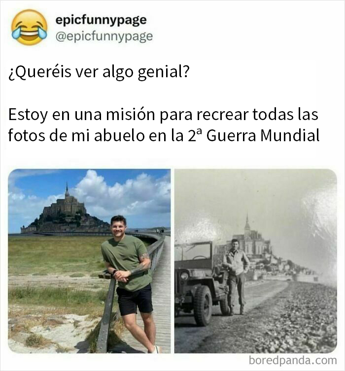 Hombre recreando fotos antiguas, una en Mont Saint-Michel y otra en la 2ª Guerra Mundial. Memes caóticos y divertidos.