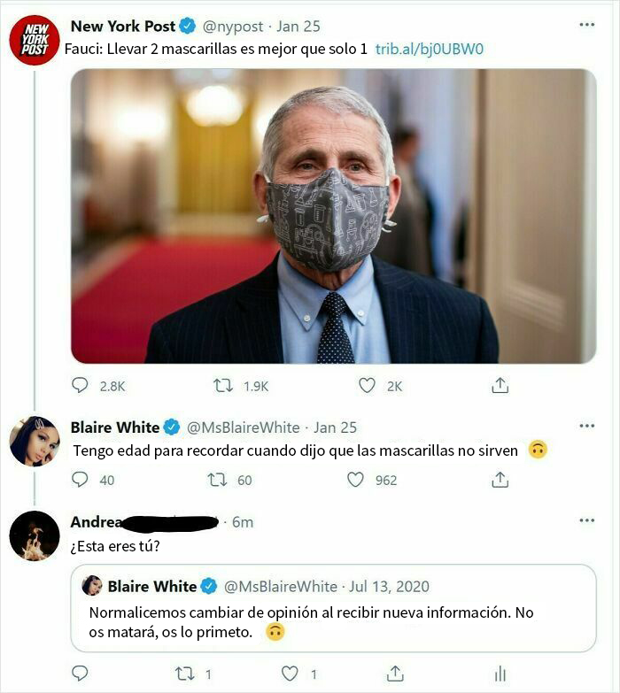 Persona enmascarada en debate online sobre mascarillas; comentario irónico "¿Este eres tú?".