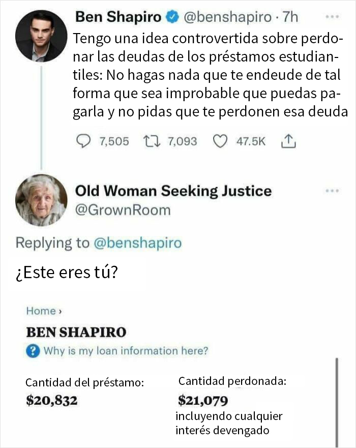 Persona avergonzada en internet con réplica "¿Este eres tú?" sobre préstamos estudiantiles perdonados.