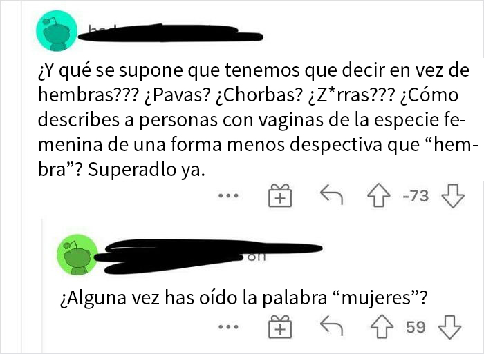 Texto de una discusión sobre el uso despectivo de términos para mujeres.