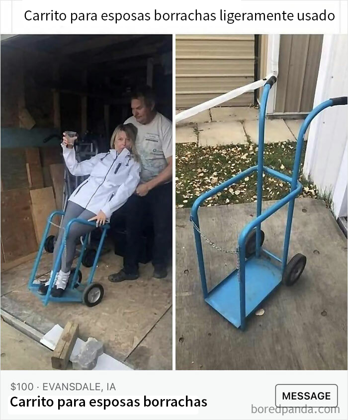 Carrito azul para esposas, anunciado en Facebook Marketplace como artículo extraño y ligeramente usado.