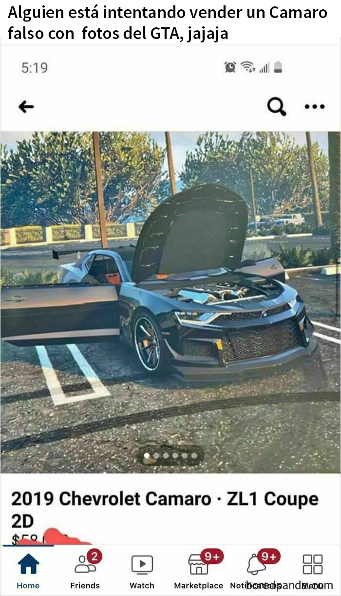 Camaro falso en venta en Facebook Marketplace con imágenes del videojuego GTA.