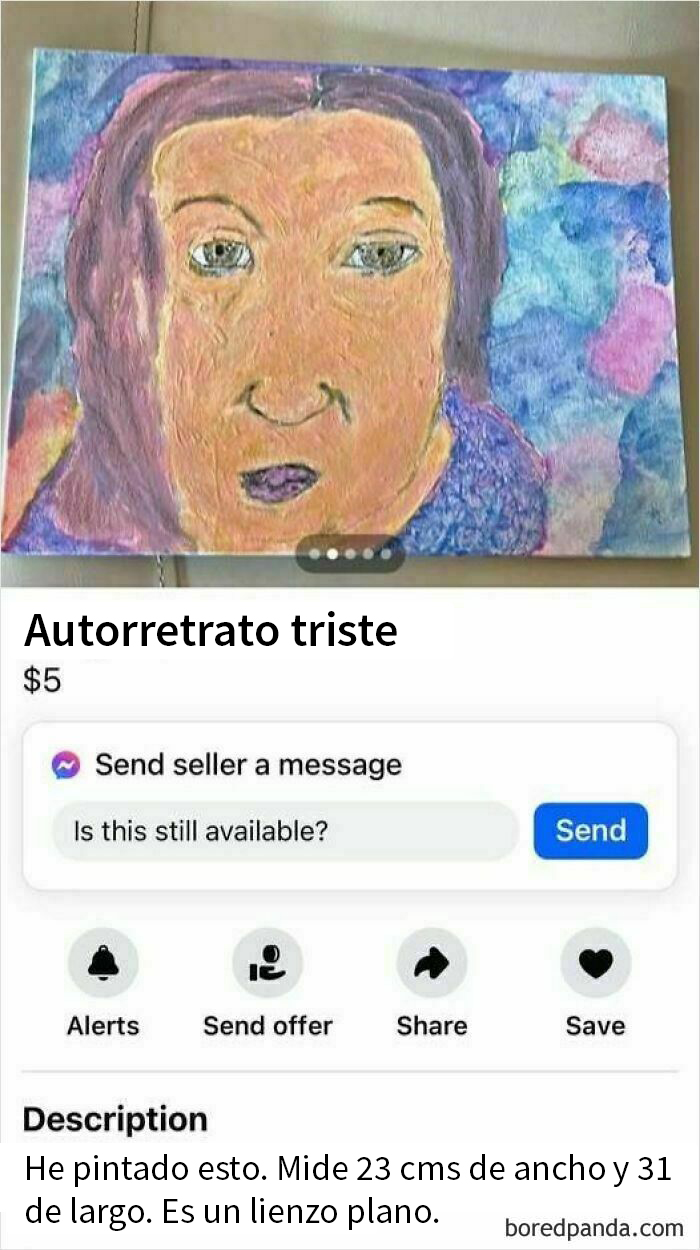 "Autorretrato triste en venta en Facebook Marketplace por $5, fondo colorido, descripción adjunta."