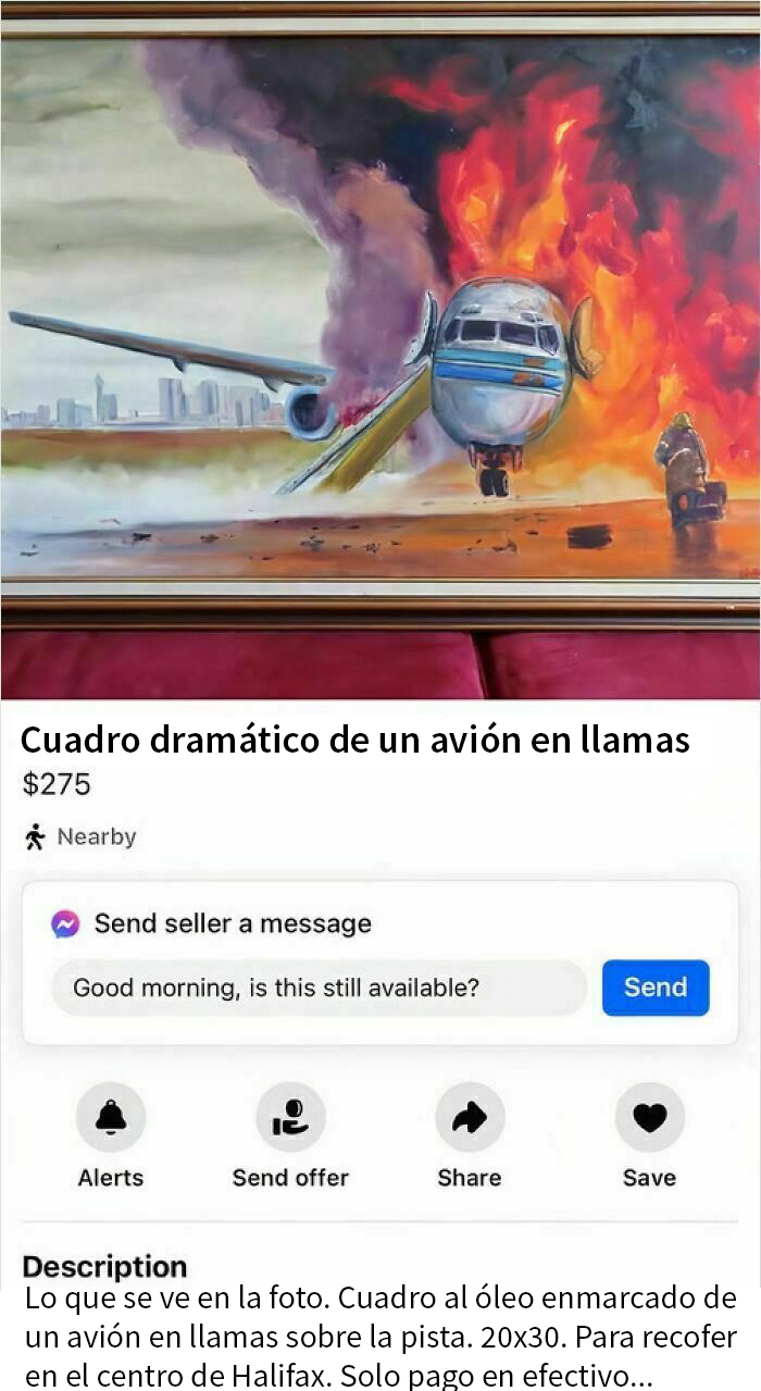 Pintura al óleo de avión en llamas a la venta en Facebook Marketplace.