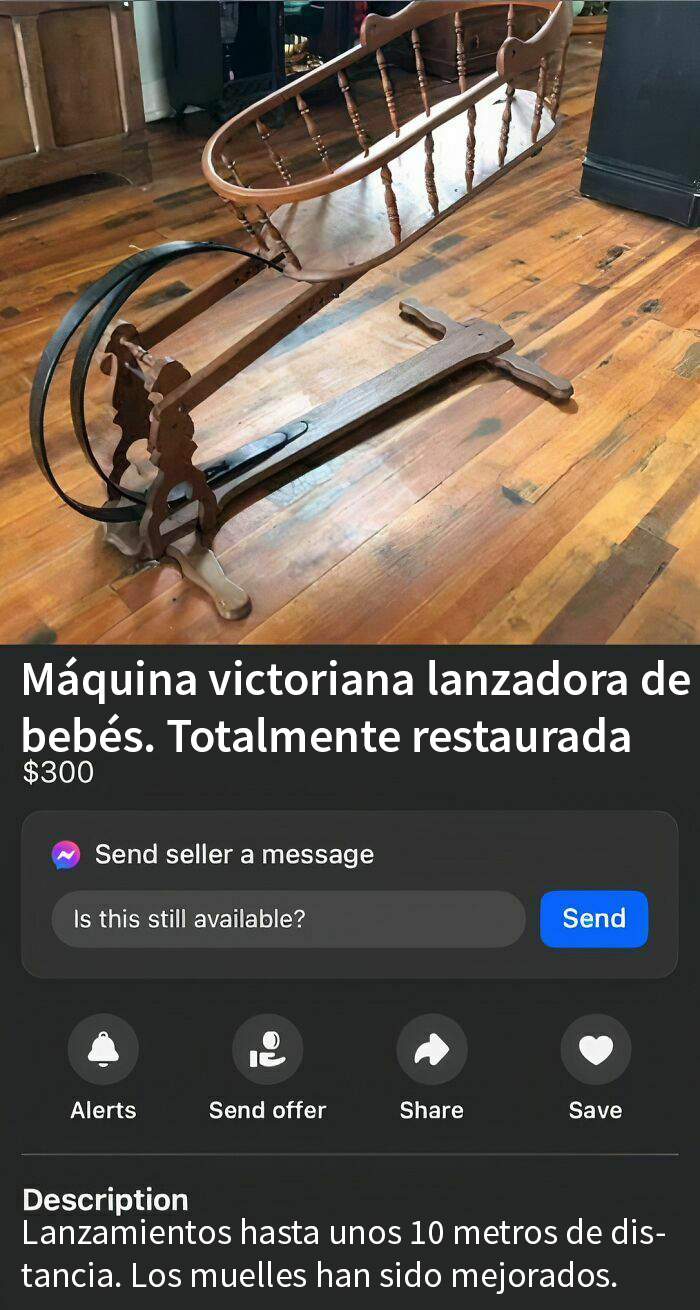 Máquina lanzadora victoriana en venta en Facebook Marketplace, restaurada, sobre suelo de madera.