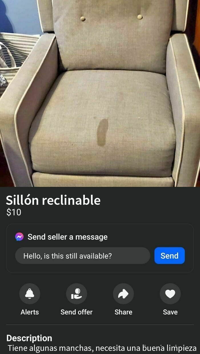Sillón reclinable usado con manchas a la venta en Facebook Marketplace.