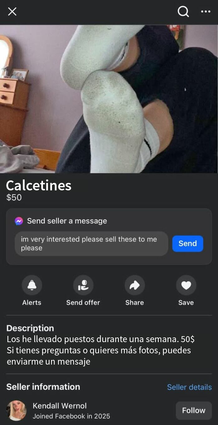 Venta de calcetines usados en Facebook Marketplace.