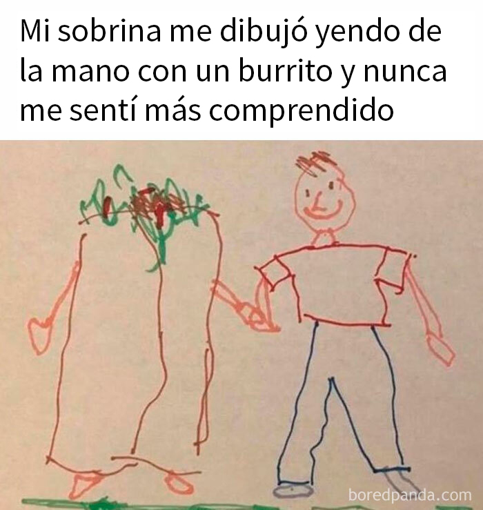 Dibujo humorístico de persona y burrito de la mano, ilustrado por una sobrina.