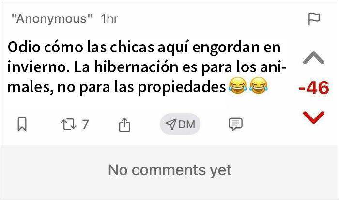 Captura de pantalla de un comentario anónimo sobre mujeres y sus cuerpos con votos negativos.