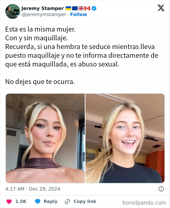 Mujer con maquillaje y sin maquillaje, comparativa sobre estereotipos y percepciones en el cuerpo femenino.
