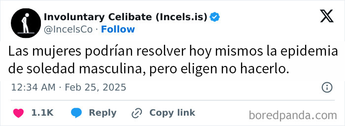 Tweet sobre mujeres y soledad masculina, destacando una opinión polémica de un grupo en línea.
