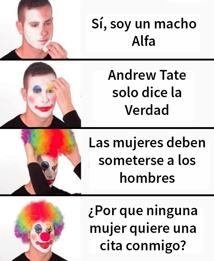 Hombre maquillándose de payaso, expresando ideas erróneas sobre mujeres y sus cuerpos.