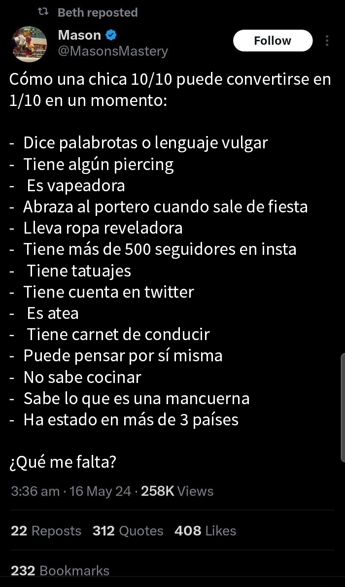 Tweet sobre estereotipos de mujeres y sus cuerpos, enumerando supuestas razones que afectan su valor.