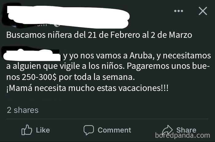 Publicación pidiendo niñera para vacaciones, mostrando exigencia y actitud de pedigüeños en busca de cuidado infantil.