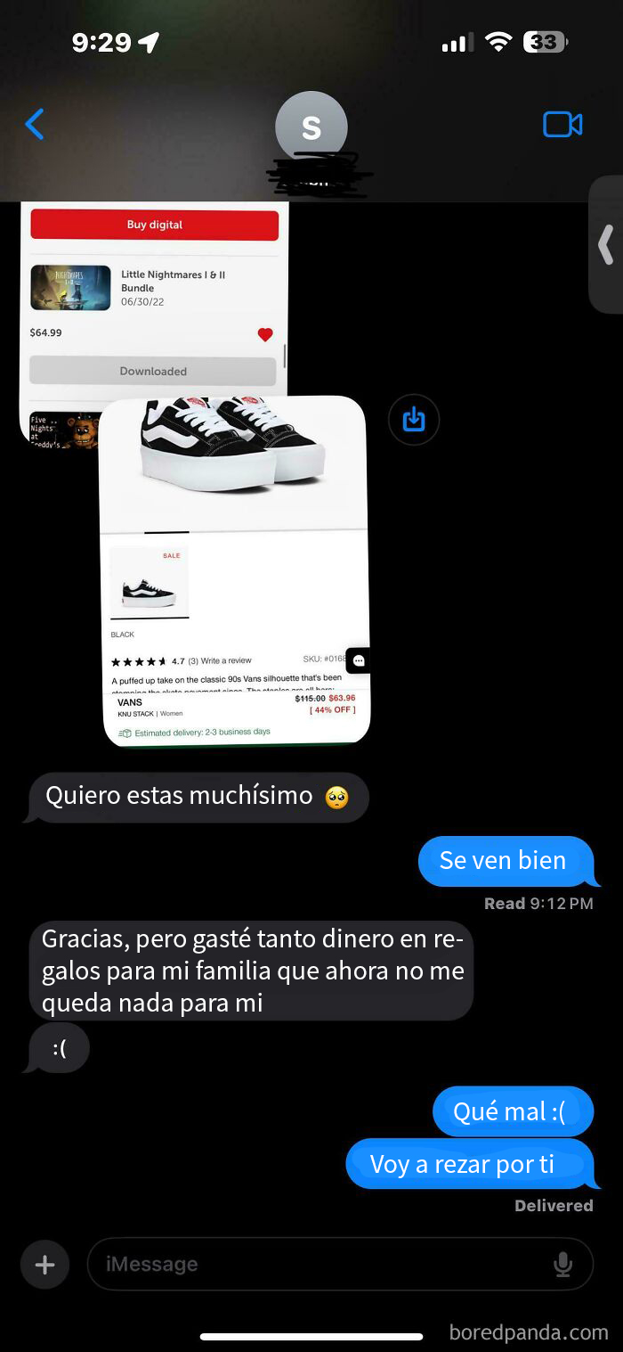 Chat mostrando pedigueños exigiendo zapatillas Vans y conversaciones con respuestas empáticas y algo ridiculizadas.