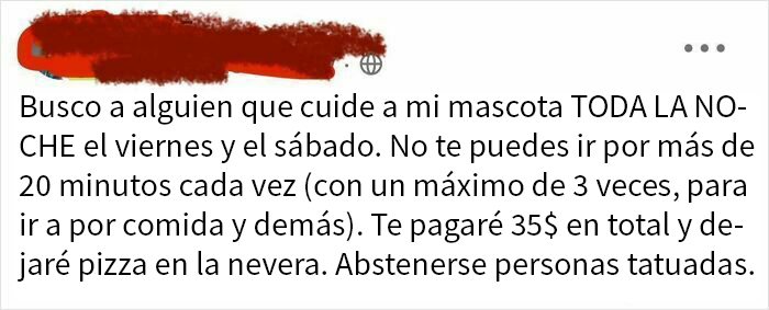 Publicación exigente pidiendo cuidado de mascota toda la noche con condiciones específicas y oferta de pago poco común.