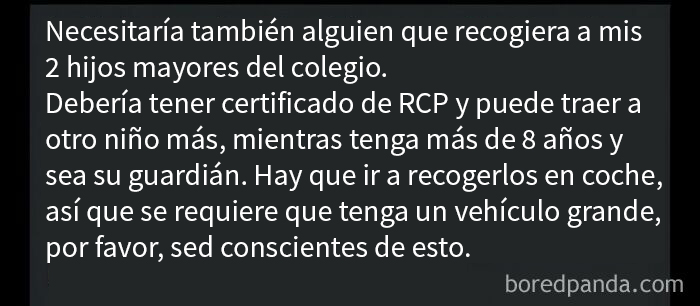 Pedido exigente para cuidado de niños con requisitos específicos, ilustrando casos de pedigüeños ridiculizados por su osadía.