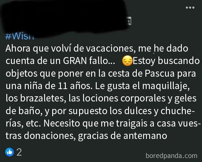 Texto de publicación en redes sobre personas exigentes pidiendo donaciones para una cesta de Pascua para una niña de 11 años.