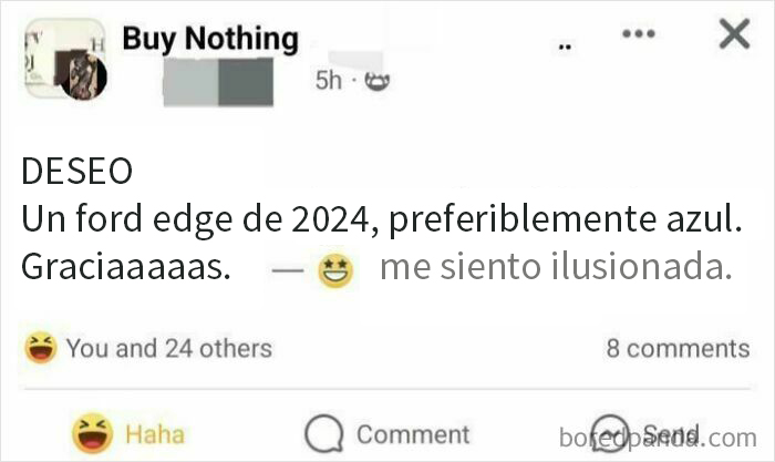 Post en grupo Buy Nothing donde un usuario exige un Ford Edge 2024 azul, mostrando actitud de pedigüeño exigente.