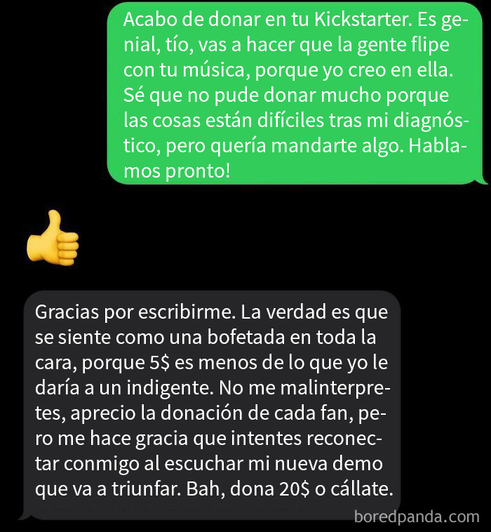 Conversación donde un usuario hace una donación y recibe respuesta exigente y ridiculizada, mostrando actitud de pedigueño.