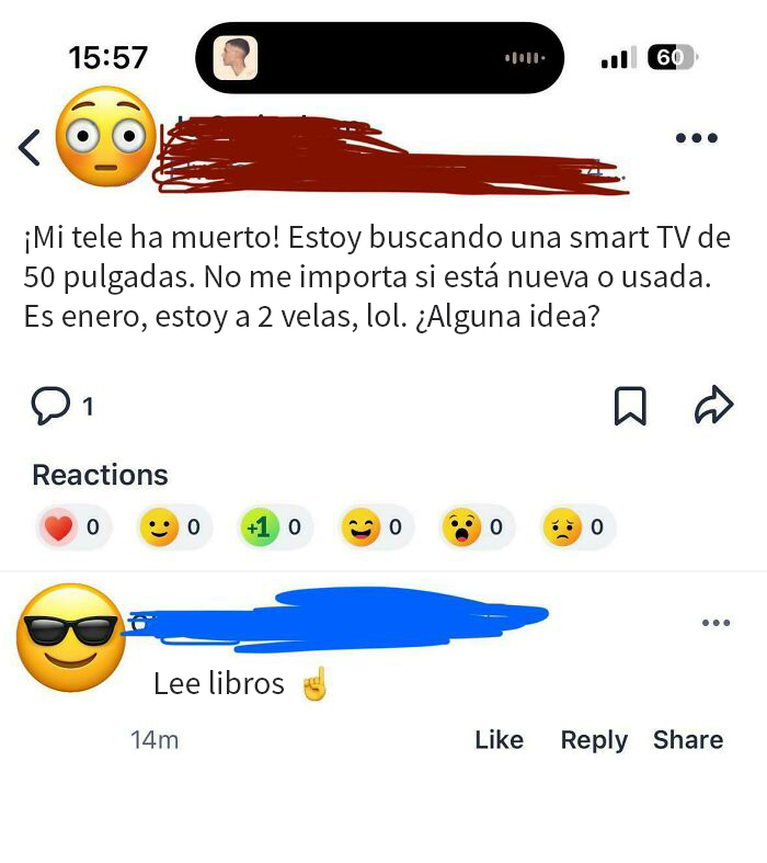 Usuario pide una smart TV de 50 pulgadas barato mientras recibe comentario sarcástico en red social de pedigueños exigentes.