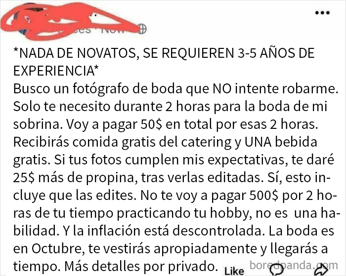Publicación de un pedigüeño exigente que busca fotógrafo de boda barato y es ridiculizado por sus demandas poco realistas.