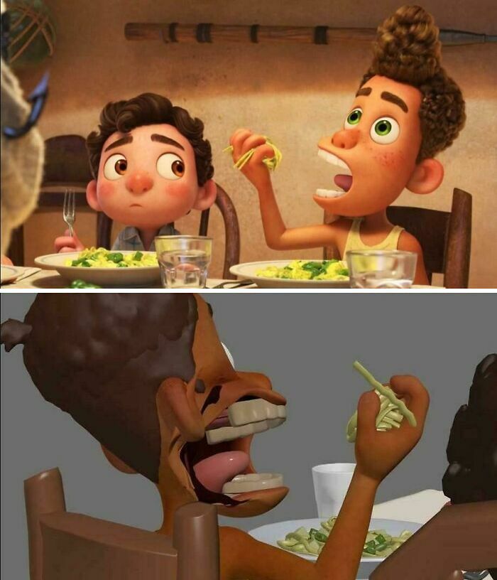 Niños animados comiendo pasta, escena que combina lo bendecido y maldito con expresiones cómicas y exageradas.