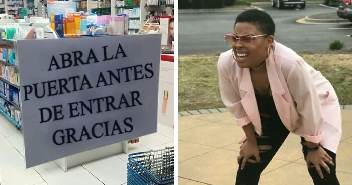 Aviso legal divertido en puerta de tienda pidiendo abrir antes de entrar, ejemplo curioso de avisos legales por demanda.