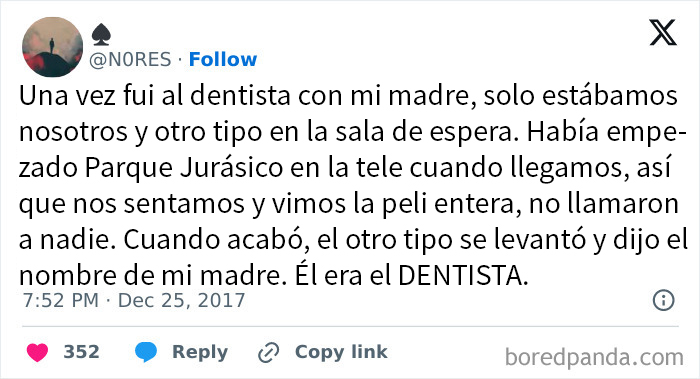Tweet contando una anécdota vergonzosa en el dentista, relacionada con mentiras muy vergonzosas descubiertas en Internet.