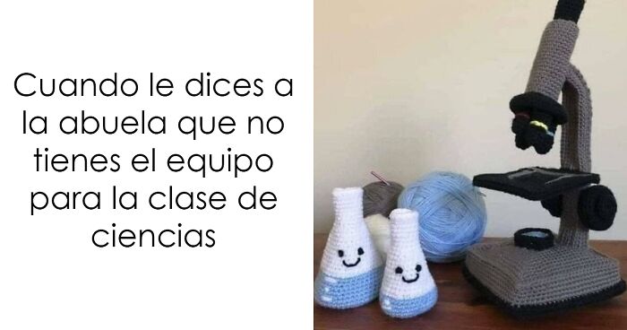 Memes divertidos sobre ciencia con microscopio y tubos de ensayo tejidos como equipo de clase creativo y gracioso.