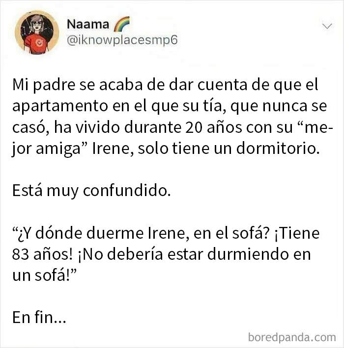 Tuit divertido con afirmación incorrecta sobre un apartamento y confusión sobre dónde duerme una persona mayor.