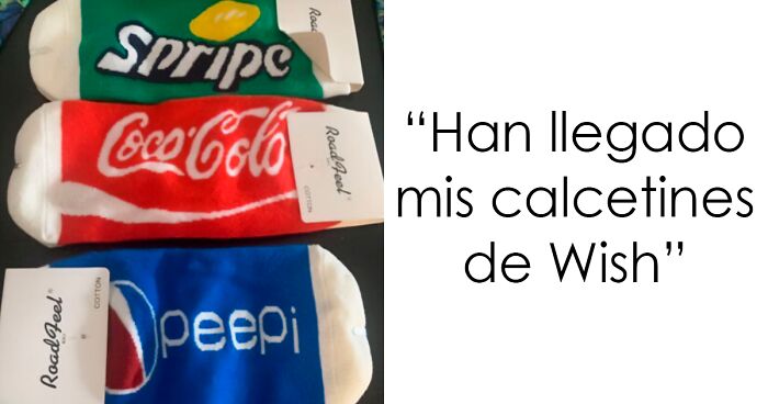 Calcetines con logos de marcas mal impresos como Sprite, Coca-Cola y Pepsi, ejemplos divertidos de afirmaciones incorrectas.