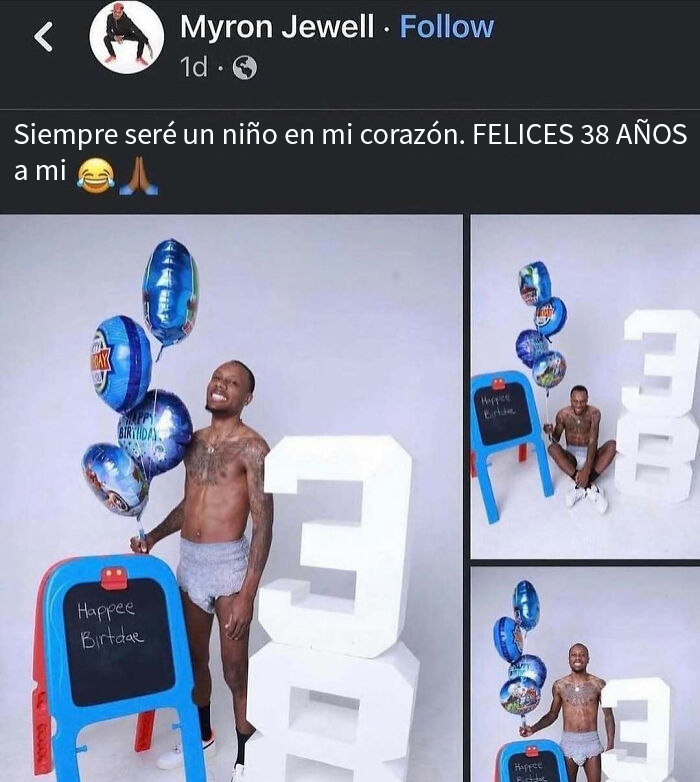 Hombre con globos y números grandes en sesión de fotos divertida que provoca vergüenza ajena por su originalidad.
