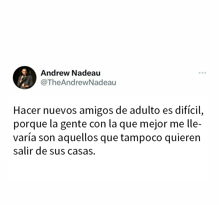 Meme sobre la dificultad de hacer nuevos amigos de adulto y la conexión con personas que prefieren quedarse en casa.