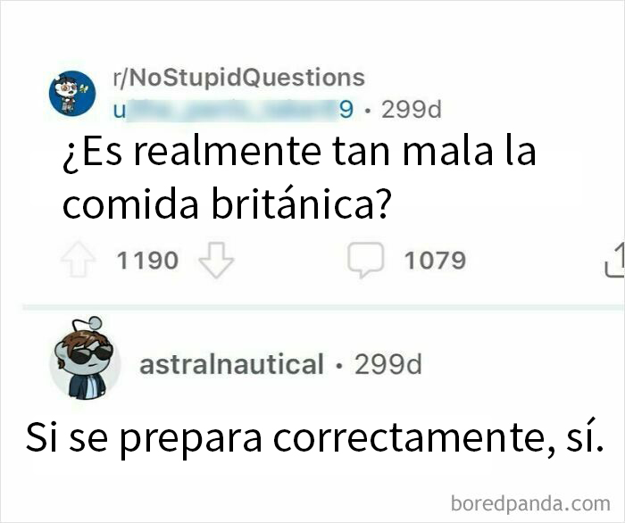 Memes divertidos sobre la comida británica con respuestas humorísticas en discusión online familiar.