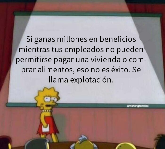 Lisa Simpson explicando la explotación en el capitalismo y la desigualdad entre ricos y empleados en una presentación.