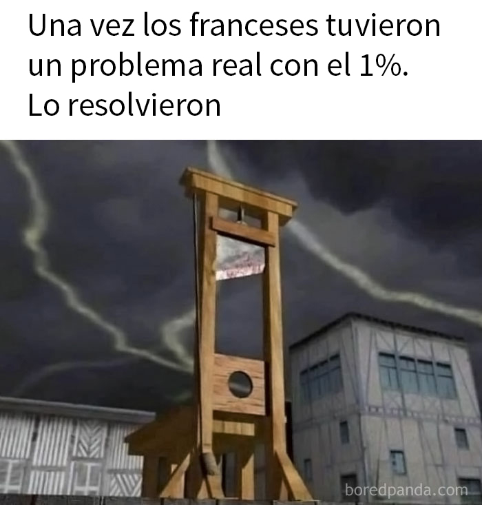 Guillotina bajo un cielo tormentoso, simbolizando hartura contra el capitalismo y la lucha contra el 1% más rico.