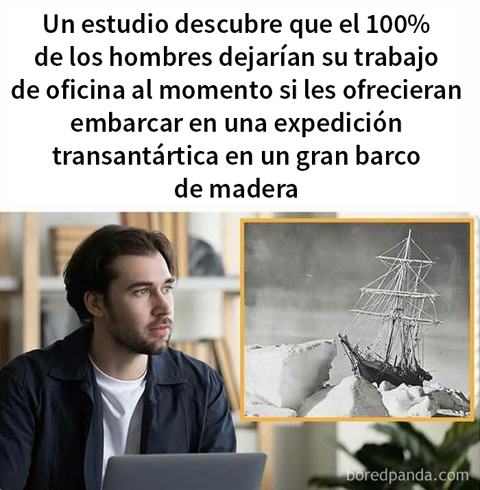 Hombre pensativo frente a computadora y meme sobre expedición histórica en barco de madera con contexto histórico intelectual.