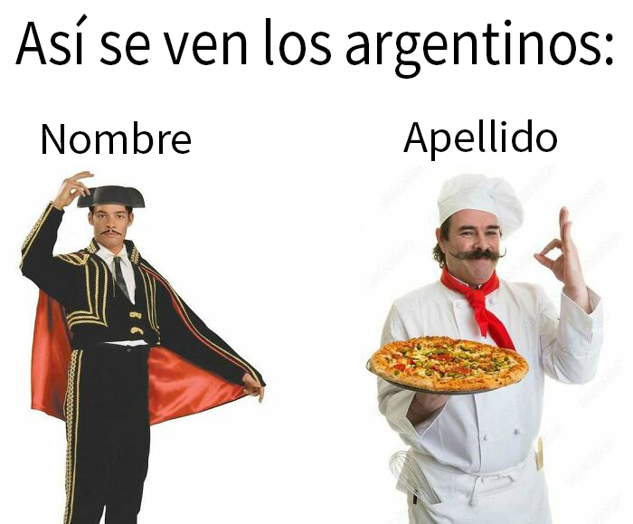 Memes intelectuales mostrando estereotipos históricos y culturales argentinos con traje de torero y chef pizzero.