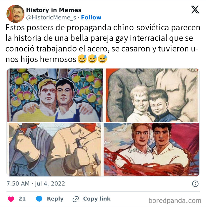 Memes intelectuales con contexto histórico muestran propaganda chino-soviética con imágenes de parejas y familias en estilo vintage.