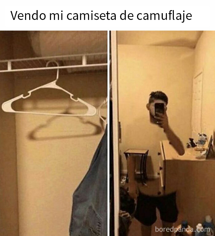 Hombre usando camiseta de camuflaje que parece invisible en un espejo, meme divertido sobre hombres familiar universal.