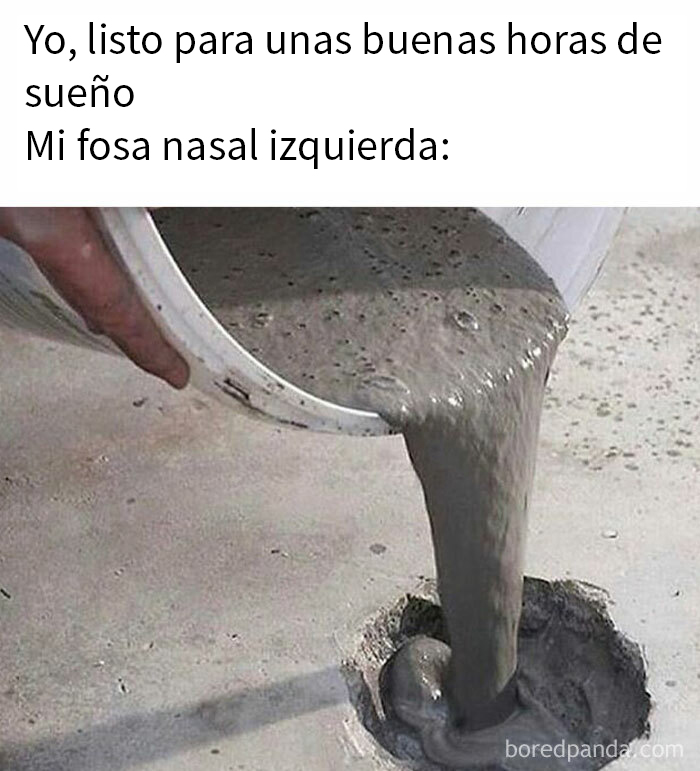 Meme sobre hombres con humor exagerando bloqueo en fosa nasal antes de dormir universalmente familiar.