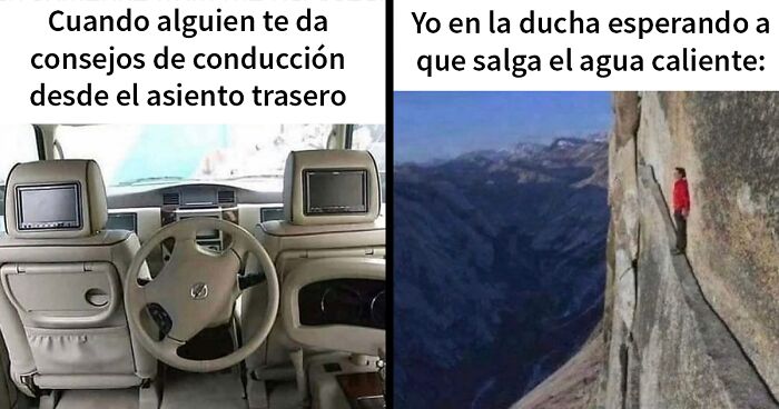 Meme sobre hombres con dos imu00e1genes divertidas sobre consejos de conducciu00f3n y esperar agua caliente en la ducha.