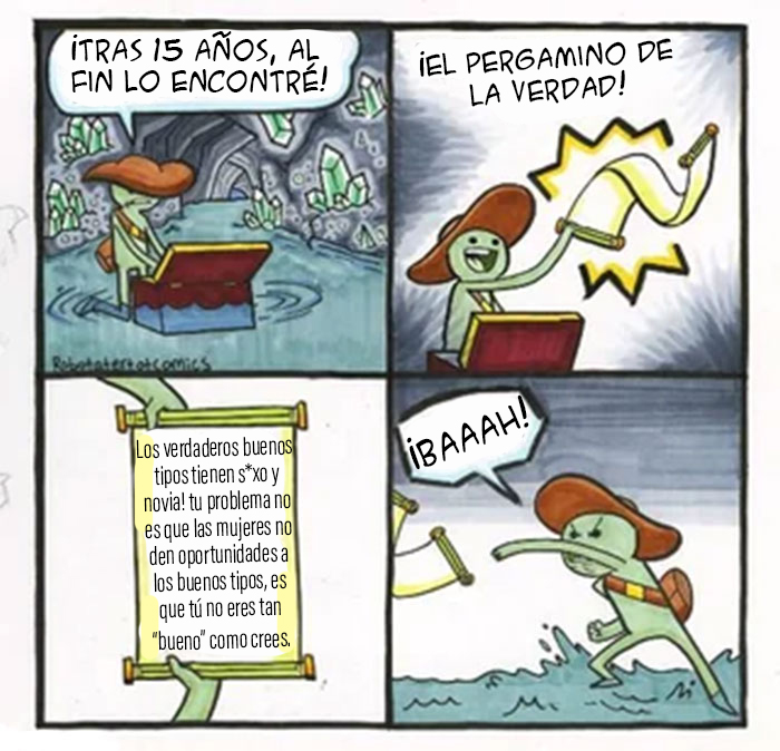 Caricatura mostrando a un personaje leyendo un pergamino con mensaje que avergüenza a incels en comunidad online.