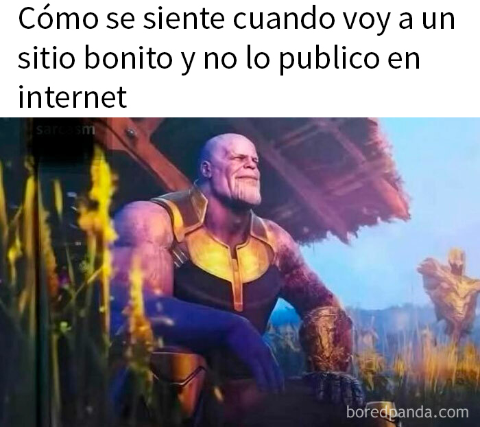 Memes divertidos sobre la vida mostrando a Thanos relajado y feliz por no publicar en internet un lugar bonito.