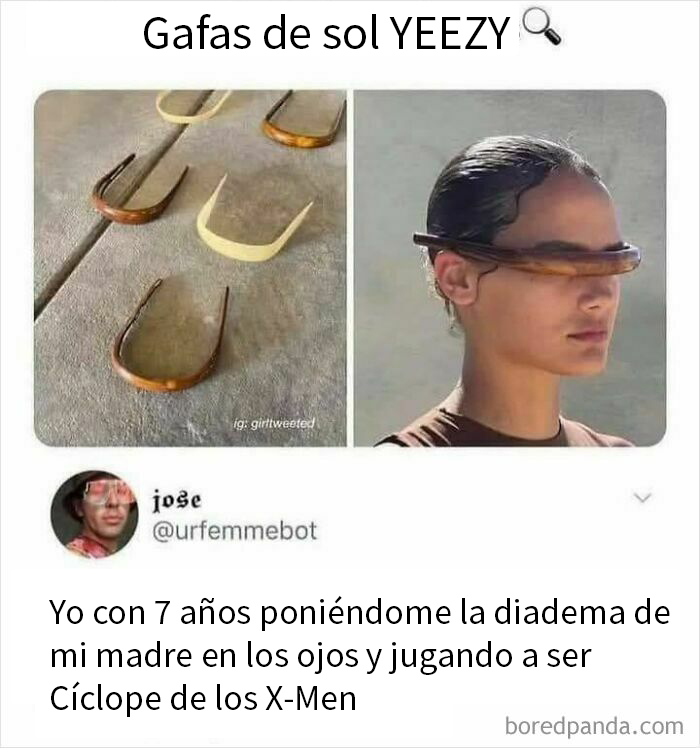 Memes divertidos sobre la vida mostrando gafas de sol Yeezy y juego infantil imitando a Cíclope de X-Men.