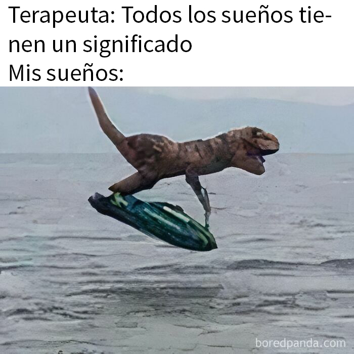 Memes divertidos sobre sueños sin sentido con dinosaurio surfeando en el mar para alegrar la vida cotidiana.
