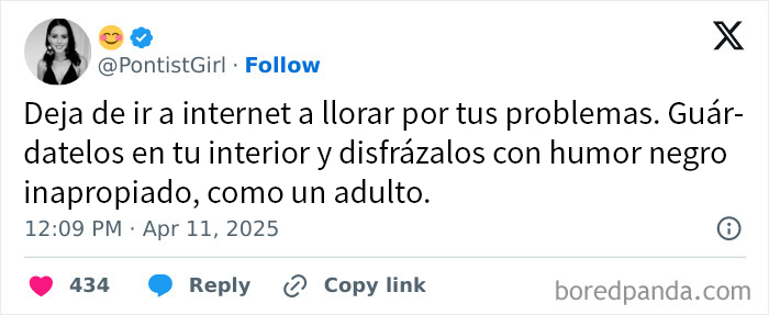 Tuit con meme divertido sobre cosas de la vida, usando humor negro para afrontar problemas con gracia y madurez.