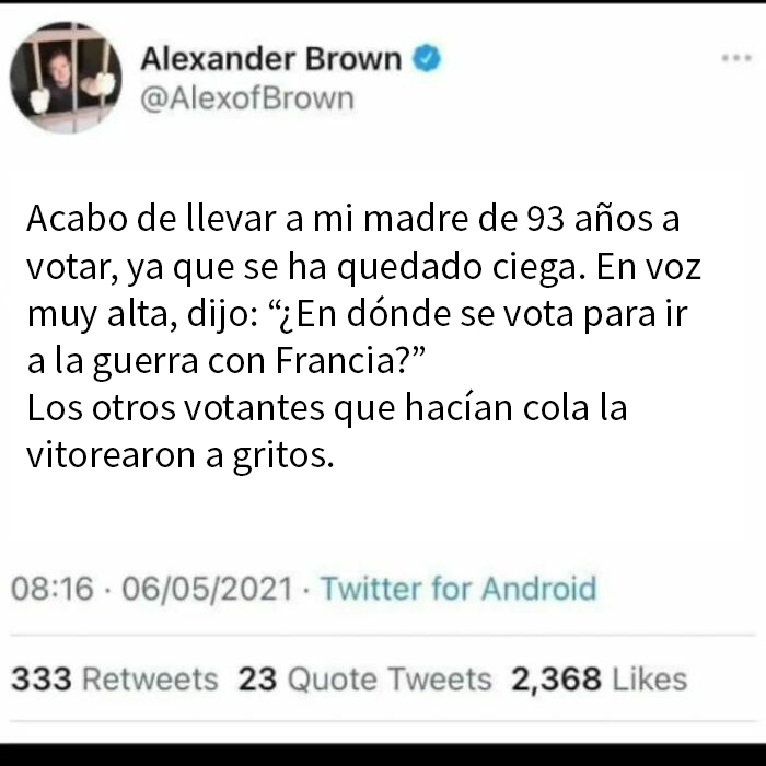 Tuit mostrando una mentira muy vergonzosa descubierta en internet sobre votar y confusión con guerra, con interacción en redes.